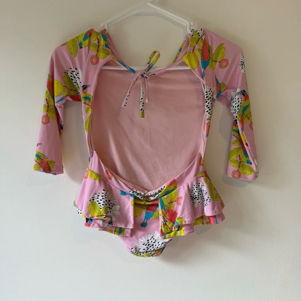 Mola Mola Kids Pink Bird Print Ruffle Long-Sleeve One-Piece Swimsuit Size 12